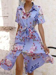 Vestido midi de manga corta con solapa y cordones estampados