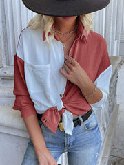 Loose Contrast Color Splicing Lapel Casual Commuting Long Sleeved Blouse - Shirt - Bishop - V-Neck - Halter - Closed