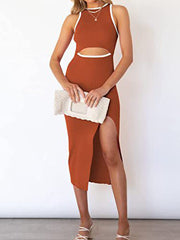 Cutout Crew Neck Sleeveless Slit Ribbed Bodycon Midi Dress