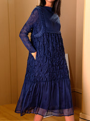 Plus Size Pleated Slim Round Neck Midi Dress