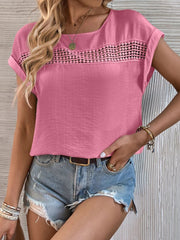 Lässiges T-Shirt mit einfarbigen Nähten, Spitze und Hohlsaum