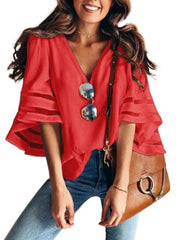V-Neck Mesh Flare Sleeve Chiffon Loose Blouse