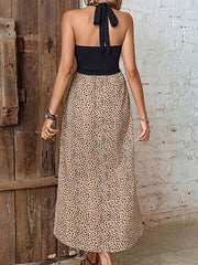 Leopard Print Halter Neck Irregular Slit Midi Dress