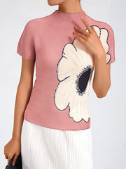 Slim Pleated Elastic Print Commuting All Match Short Sleeved T-Shirt