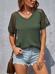 Lace Panel Short Sleeve Round Neck T-Shirt