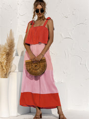 Color Block Tie Shoulder Tiered Sleeveless Midi Dress