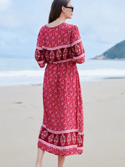 V Neck Loose Floral Button Slit Midi Dress