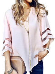 V-Neck Mesh Flare Sleeve Chiffon Loose Blouse