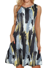 Comfortable Floral Print And Pockets Loose Fit Sleeveless Mini Dress - A-Line - Jewel