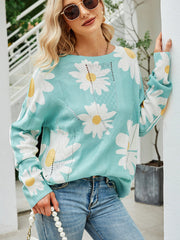 Davi & Dani – Locker gestrickter Pullover mit Rundhalsausschnitt und Gänseblümchen-Print