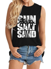 Stilvolles Lässiges Drucken Loses Bequemes Ärmelloses Tank Top Mit Rundhalsausschnitt - Juwel