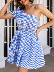 One Shoulder Multi Layered Puff Sleeve Mini Dress