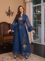 Printed Tie V Neck Long Sleeve Maxi Dress