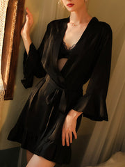 Pijama sexy de manga larga con encaje y color liso de Pure Desire