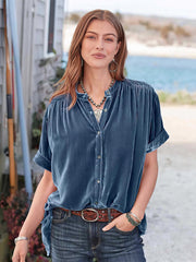 Gold Velvet Solid Color Short Sleeve Round Neck Blouse