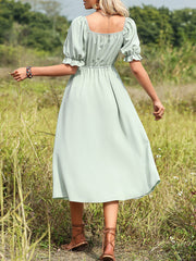 Stilvoller V-Ausschnitt, elegante Volltonfarbe für vielseitiges Midikleid mit Puffärmeln