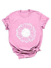 Lässiges T-Shirt mit Sonnenblumen- und Blumen-Grafik, Rundhalsausschnitt, kurzärmelig