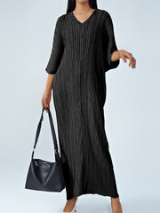 Loose Pleated Commuting Temperament High Waist  V-Neck Maxi Dress