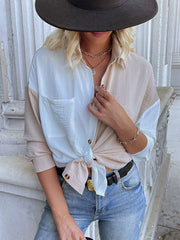 Loose Contrast Color Splicing Lapel Casual Commuting Long Sleeved Blouse - Shirt - Bishop - V-Neck - Halter - Closed