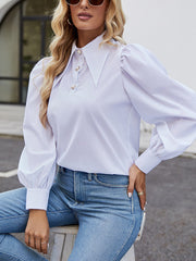 Lapel Casual Flare Long Sleeve White Blouse