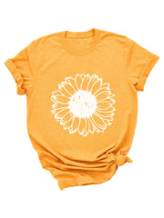 Lässiges T-Shirt mit Sonnenblumen- und Blumen-Grafik, Rundhalsausschnitt, kurzärmelig