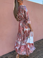 Vestido midi de manga larga con cuello en V y estampado de moda