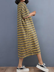 Literary And Retro Striped Loose Midi Dress