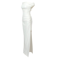 SLASH NECK PLEATED MAXI DRESS IN WHITE
