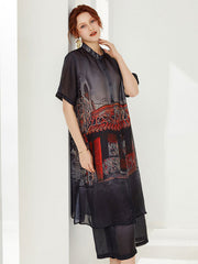 Size Curve Sets Plus Size Casual Round Neck Printed Button Chiffon Two Piece Set