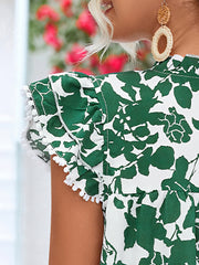 V Neck Tie Ruffle Sleeve Printed Mini Dress