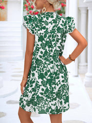 V Neck Tie Ruffle Sleeve Printed Mini Dress