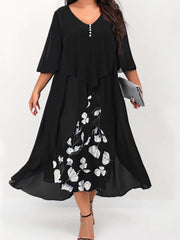 Floral Ruched Elegant Layered Formal Vacation V Neck Midi Dress