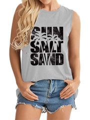 Stilvolles Lässiges Drucken Loses Bequemes Ärmelloses Tank Top Mit Rundhalsausschnitt - Juwel