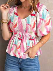 Printed V-Neck Babydoll Blouse