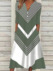 Lässiges Etuikleid mit Streifen, halblangen Ärmeln, Farbblock, Knopfleiste, V-Ausschnitt, Basic-Midikleid