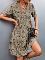 Printed Stylish And Versatile V Neck Short Sleeve Midi Dress