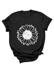 Lässiges T-Shirt mit Sonnenblumen- und Blumen-Grafik, Rundhalsausschnitt, kurzärmelig