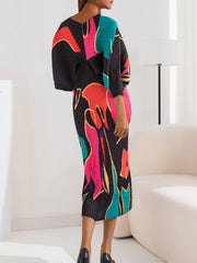 Vestido midi plisado con cuello en V fino y estampado elegante