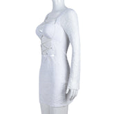 Oumeina Zada Herbst-Winter-Kleid, sexy Netz-Beflockung, durchsichtiges Cutout-Hüftkleid