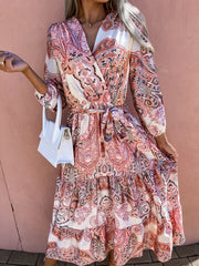 Vestido midi de manga larga con cuello en V y estampado de moda