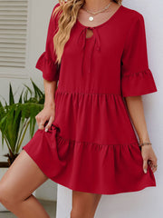 Stylish Pleated Ruffle Short Sleeve Mini Dress