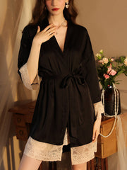 Pijama sexy de manga larga con lazo de encaje