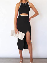 Cutout Crew Neck Sleeveless Slit Ribbed Bodycon Midi Dress