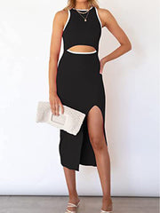 Cutout Crew Neck Sleeveless Slit Ribbed Bodycon Midi Dress
