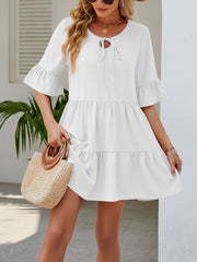 Stylish Pleated Ruffle Short Sleeve Mini Dress