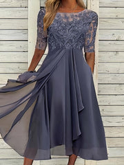 Cocktailparty Blumenstickerei Spitze Rundhals Elegantes Klassisches Midikleid