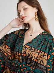 Größe Kurve Kleider Vintage Print Stitching Fashion Loose Midikleid