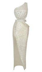 ONE-SHOULDER-MAXIKLEID MIT PAILLETTEN UND CUT-OUTS