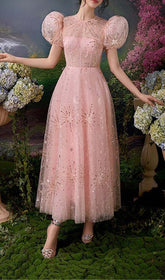 Maxikleid mit Pailletten und Puffärmeln in Pink