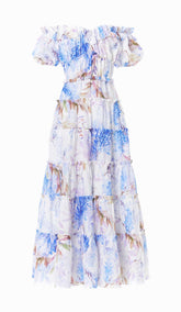 VESTIDO MIDI CON CORSÉ Y MANGAS ABULLONADAS EN LAVANDA